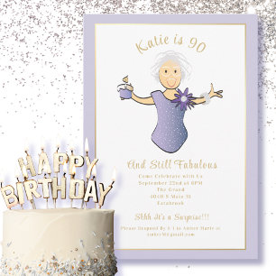 Invitación Cumpleaños 90 Elegante Azul Dorado Femenino Dibujo
