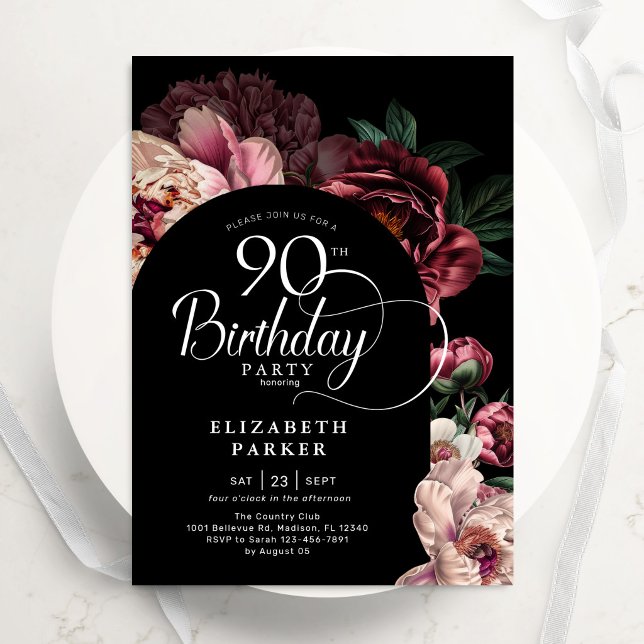 Invitación Cumpleaños 90 Elegante Burdeos Rosas Peonías (Subido por el creador)