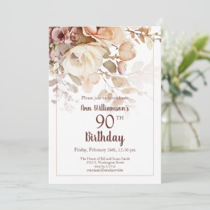 Invitación Cumpleaños 90 Elegante Floral Acuarela