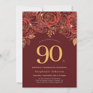 Invitación Cumpleaños 90 Elegante Floral Dorado Borgoña