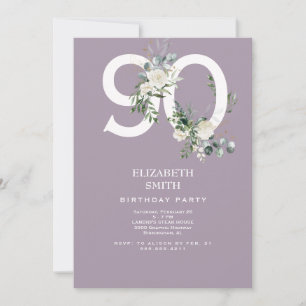 Invitación Cumpleaños 90 Elegante Floral Lavanda Blanca