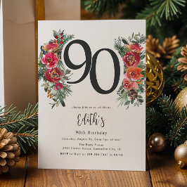 Invitación Cumpleaños 90 Elegante Floral Naranja y Rojo