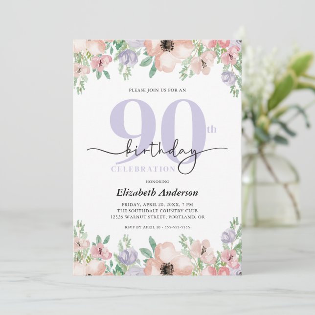 Invitación Cumpleaños 90 Elegante Floral Pastel (Anverso de pie)