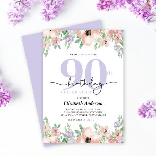 Invitación Cumpleaños 90 Elegante Floral Pastel
