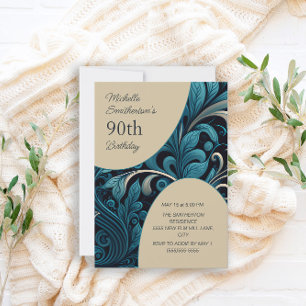 Invitación Cumpleaños 90 Elegante Floral Turquesa y Dorado