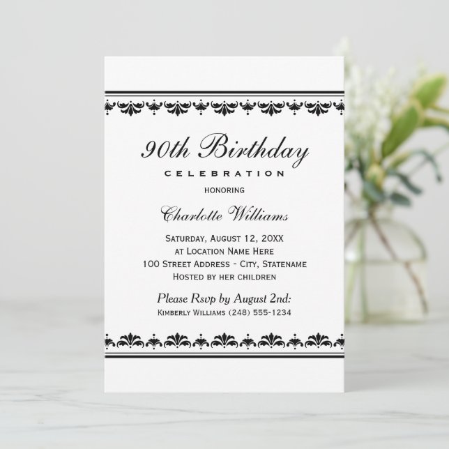Invitación Cumpleaños 90 Elegante Negro Damasco (Anverso de pie)