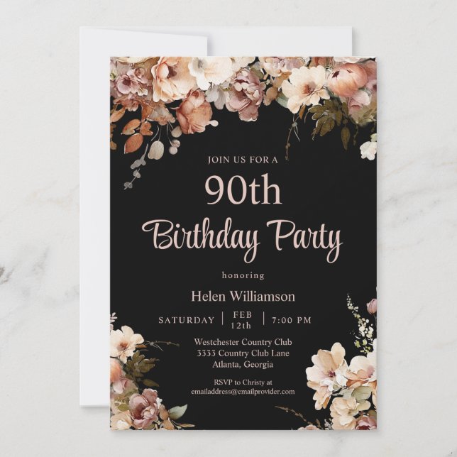 Invitación Cumpleaños 90 Elegante Negro y Floral Rosa (Anverso)