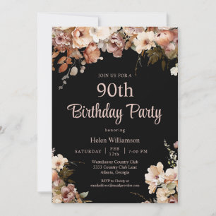 Invitación Cumpleaños 90 Elegante Negro y Floral Rosa