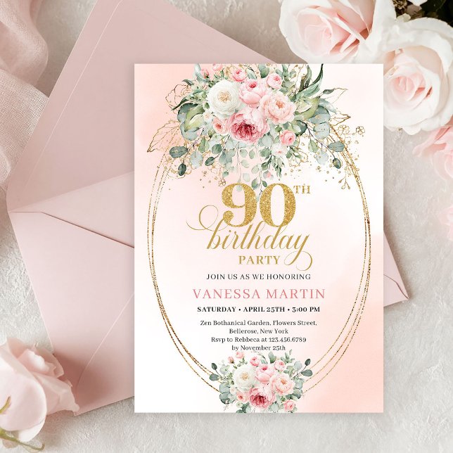 Invitación Cumpleaños 90 Elegante Rosa Beige Verde Dorado (Boho Blush Floral Gold Minimal 90th Birthday Invitation)