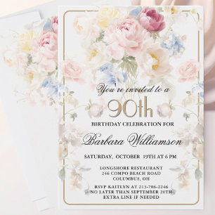 Invitación Cumpleaños 90 Elegante Rosa Floral Pintada al Natu