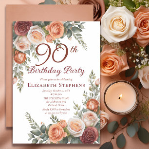 Invitación Cumpleaños 90 Elegante Rust Terracotta Rosa Floral