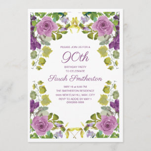 Invitación Cumpleaños 90 Elegantes Flores Purpúreas con Enred
