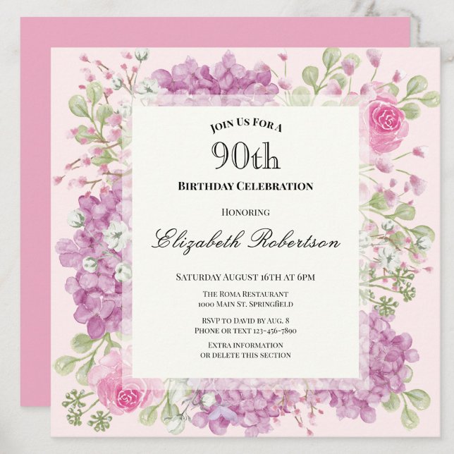 Invitación Cumpleaños 90 Elegantes Flores Rosadas (Subido por el creador)