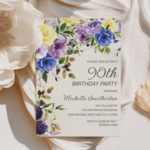 Invitación Cumpleaños 90 en Floral Acuarela Morado Amarillo
