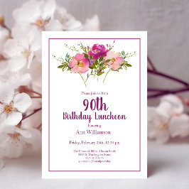 Invitación Cumpleaños 90 en floral acuarela rosa