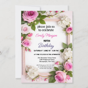 Invitación Cumpleaños 90 en floral acuarela rosa y beige