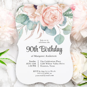 Invitación Cumpleaños 90 en floral acuarela rosa y beige