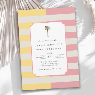 Invitación Cumpleaños 90 en Palm Beach con rayas pastel tropi