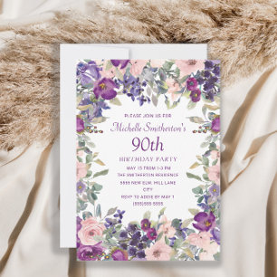 Invitación Cumpleaños 90 en tono Rosa Floral con Tono Púrpura