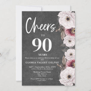 Invitación Cumpleaños 90 Felicitaciones en Pizarra Floral Bla