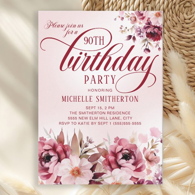 Invitación Cumpleaños 90 Femenino Rosa Burdeos Floral (Burgundy and pink watercolor floral 90th birthday party invitation)