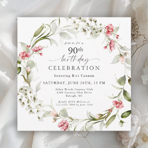 Invitación Cumpleaños 90 Feminino con Flores de Acuarela