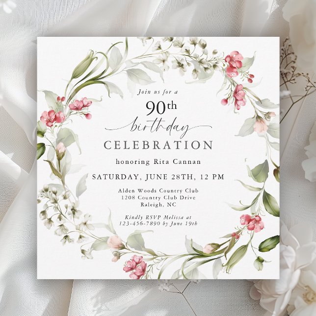 Invitación Cumpleaños 90 Feminino con Flores de Acuarela (Subido por el creador)