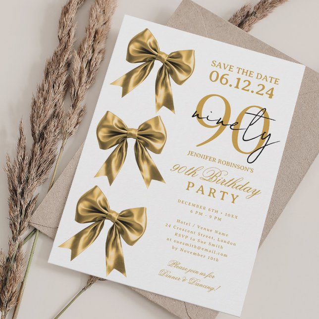 Invitación Cumpleaños 90 Fiesta de Cumpleaños Lazo Coqueta de (Gold Coquette Bow Save Date 90th Birthday Party Invitation)