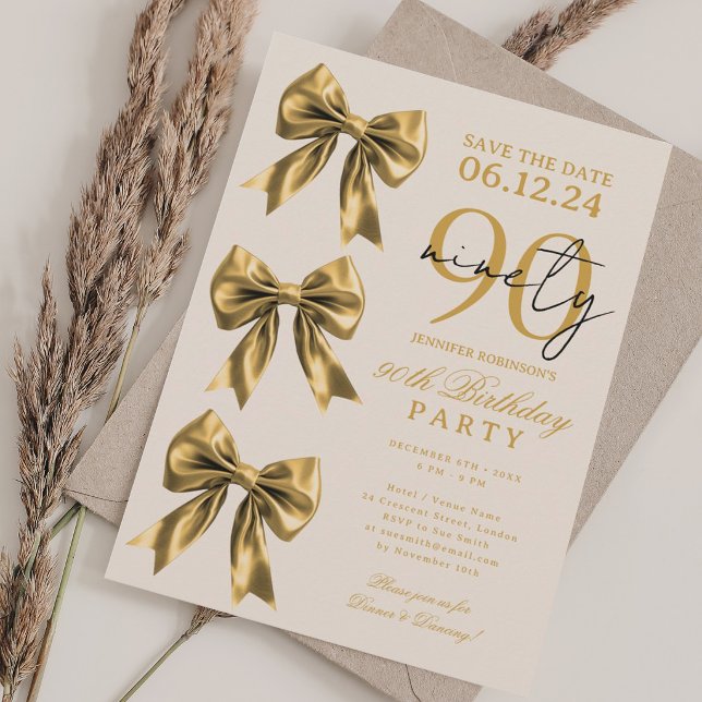 Invitación Cumpleaños 90 Fiesta de Cumpleaños Lazo Coqueta de (Gold Coquette Bow Save Date 90th Birthday Party Invitation)