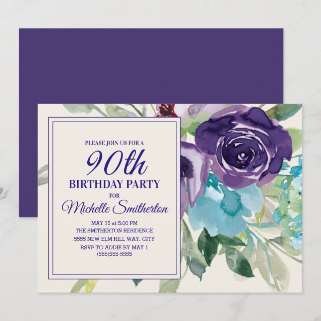 Invitación Cumpleaños 90 Floral Acuarela Morado Azul (Anverso / Reverso)