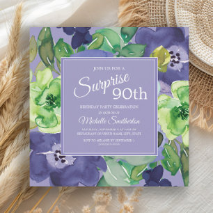 Invitación Cumpleaños 90 Floral Acuarela Púrpura Verde Marrón
