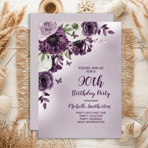 Invitación Cumpleaños 90 Flores Blancas Moradas Mariposas