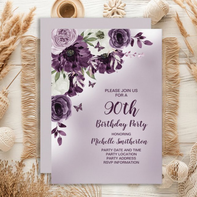 Invitación Cumpleaños 90 Flores Blancas Moradas Mariposas (Purple floral and butterflies 90th birthday party invitation)
