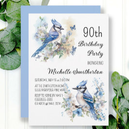 Invitación Cumpleaños 90 Flores de Pájaro Arrendajo Azul Prim