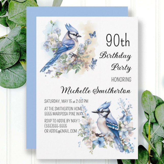 Invitación Cumpleaños 90 Flores de Pájaro Arrendajo Azul Prim (Subido por el creador)