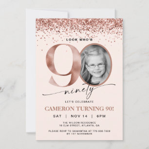 Invitación Cumpleaños 90 Foto Confeti de Rose Gold