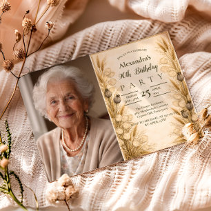 Invitación Cumpleaños 90 Foto Neutral Vintage Botánico Trigo