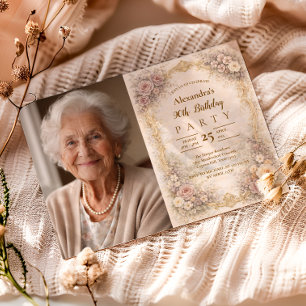 Invitación Cumpleaños 90 Foto Rosa Polvoriento Floral Barroco