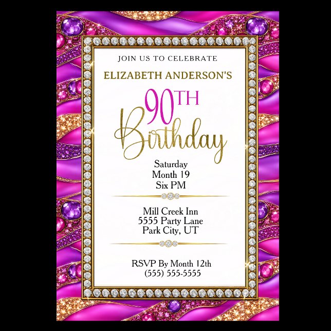 Invitación Cumpleaños 90 Glam Pink Gold Joyas Strata (Elegant pink purple and gold jeweled 90th birthday party invitation with diamond border.
)