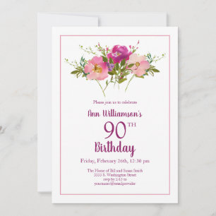 Invitación Cumpleaños 90 Jardín Acuarela Floral Rosa