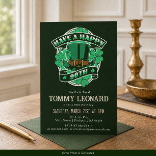 Invitación Cumpleaños 90 Leprechaun Sombrero Trébol Irlandés