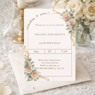 Invitación cumpleaños 90 marfil crema flores lazo