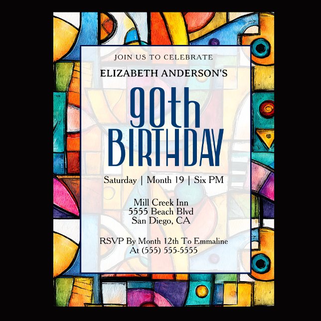 Invitación Cumpleaños 90 Modernista Cubista (Modern colorful abstract 90th birthday invitation for elegant milestone celebration
)