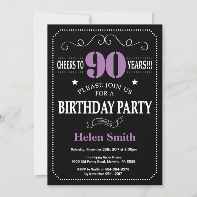 Invitación Cumpleaños 90 Morado y Negro Pizarra (Anverso)