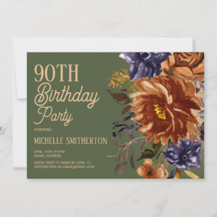 Invitación Cumpleaños 90 Naranja Quemado Óxido Floral Azul Ve