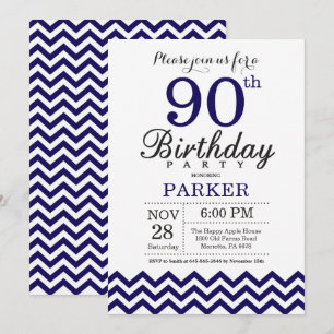 Invitación cumpleaños 90 Navy Blue Chevron