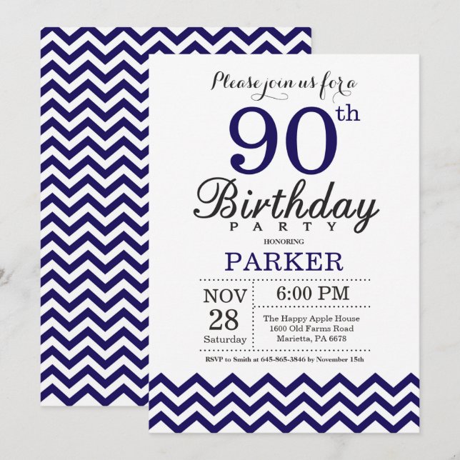 Invitación cumpleaños 90 Navy Blue Chevron (Anverso / Reverso)