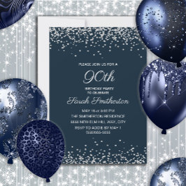 Invitación Cumpleaños 90 Navy Blue Silver Diamond Glitter