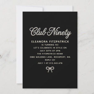 Invitación Cumpleaños 90 negro blanco perla guión lazo