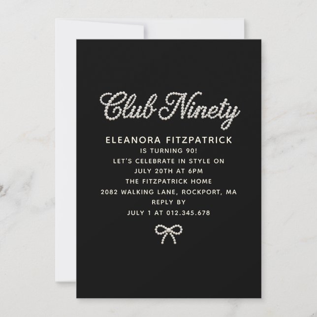Invitación Cumpleaños 90 negro blanco perla guión lazo (Anverso)